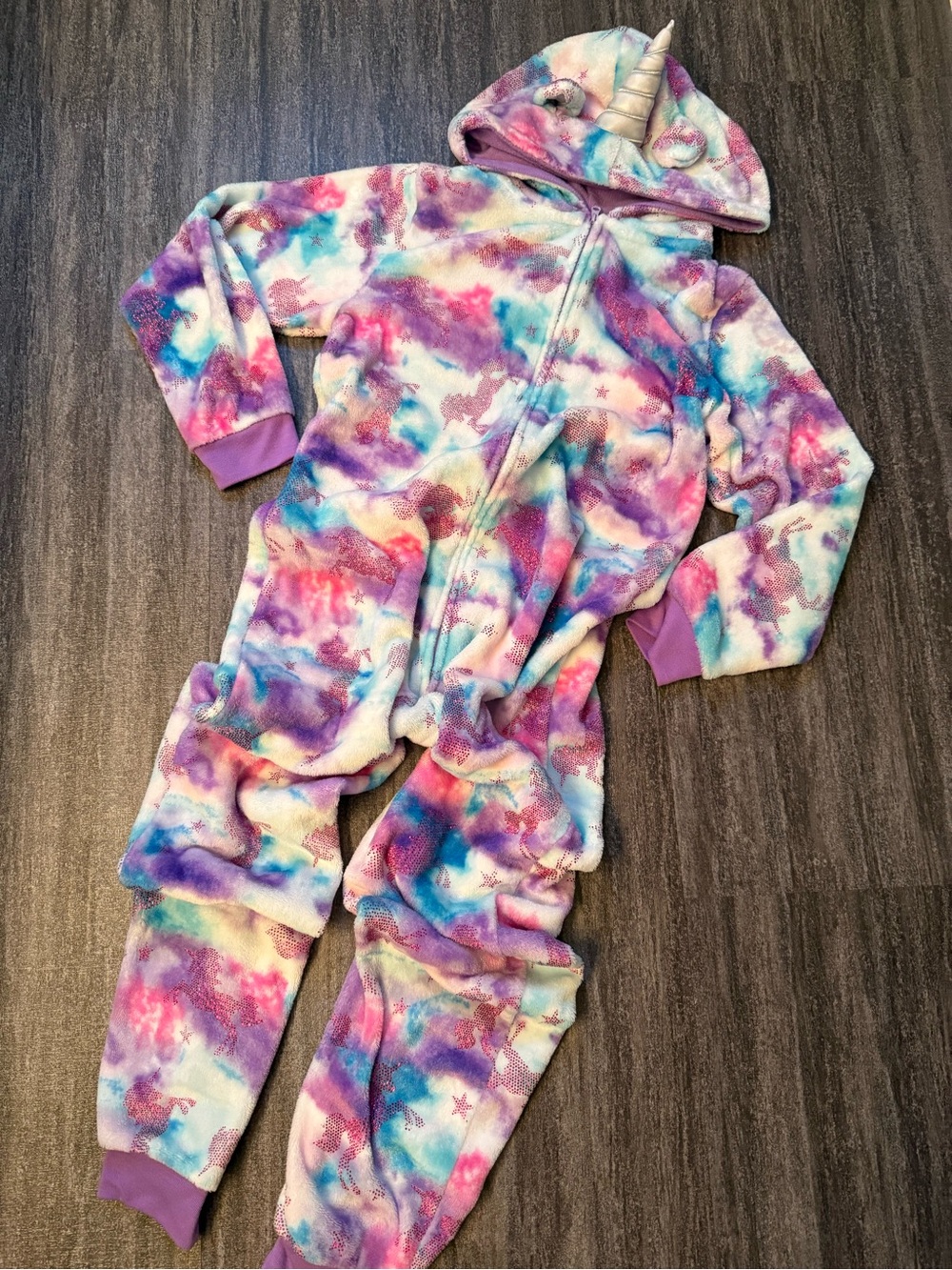 Childrens Place one-piece hooded unicorn print pajamas